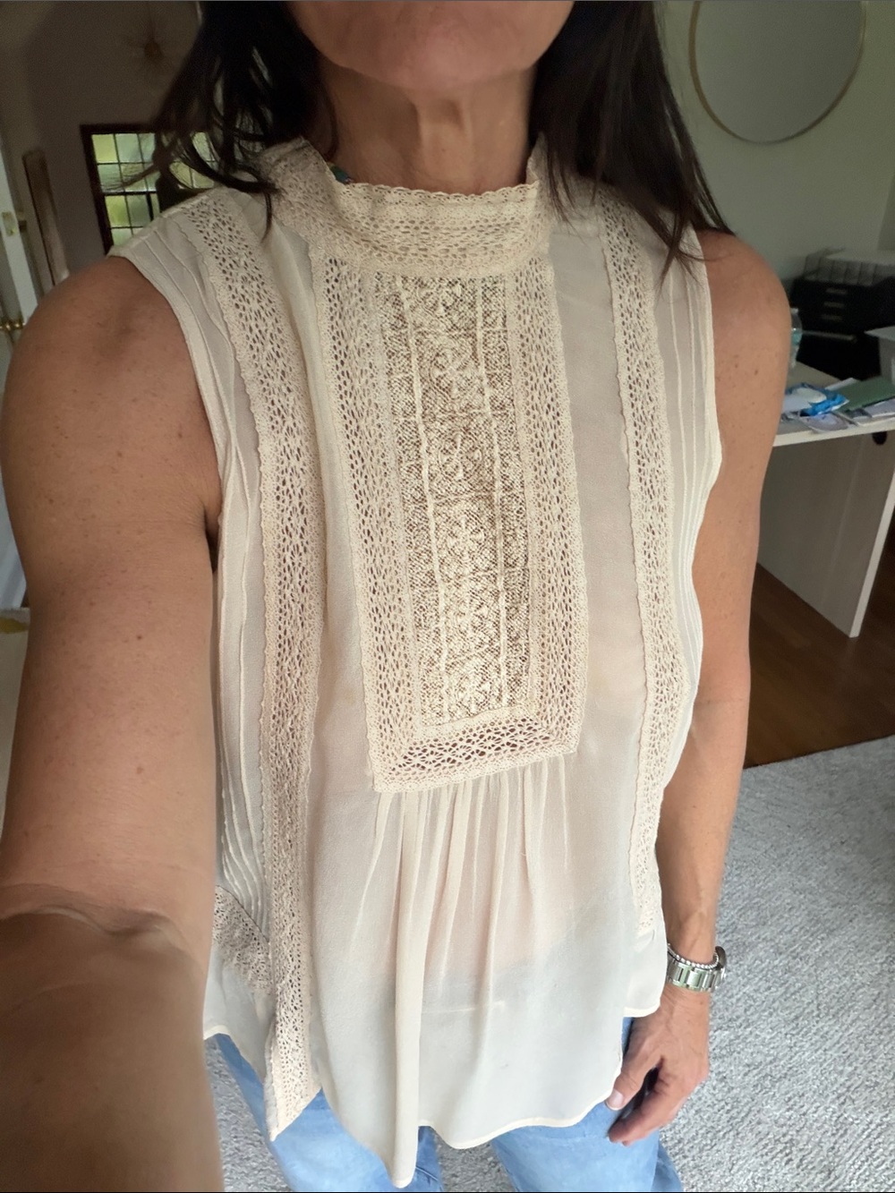 Joie Cream Sleeveless Lace-Front Mock Neck Blouse